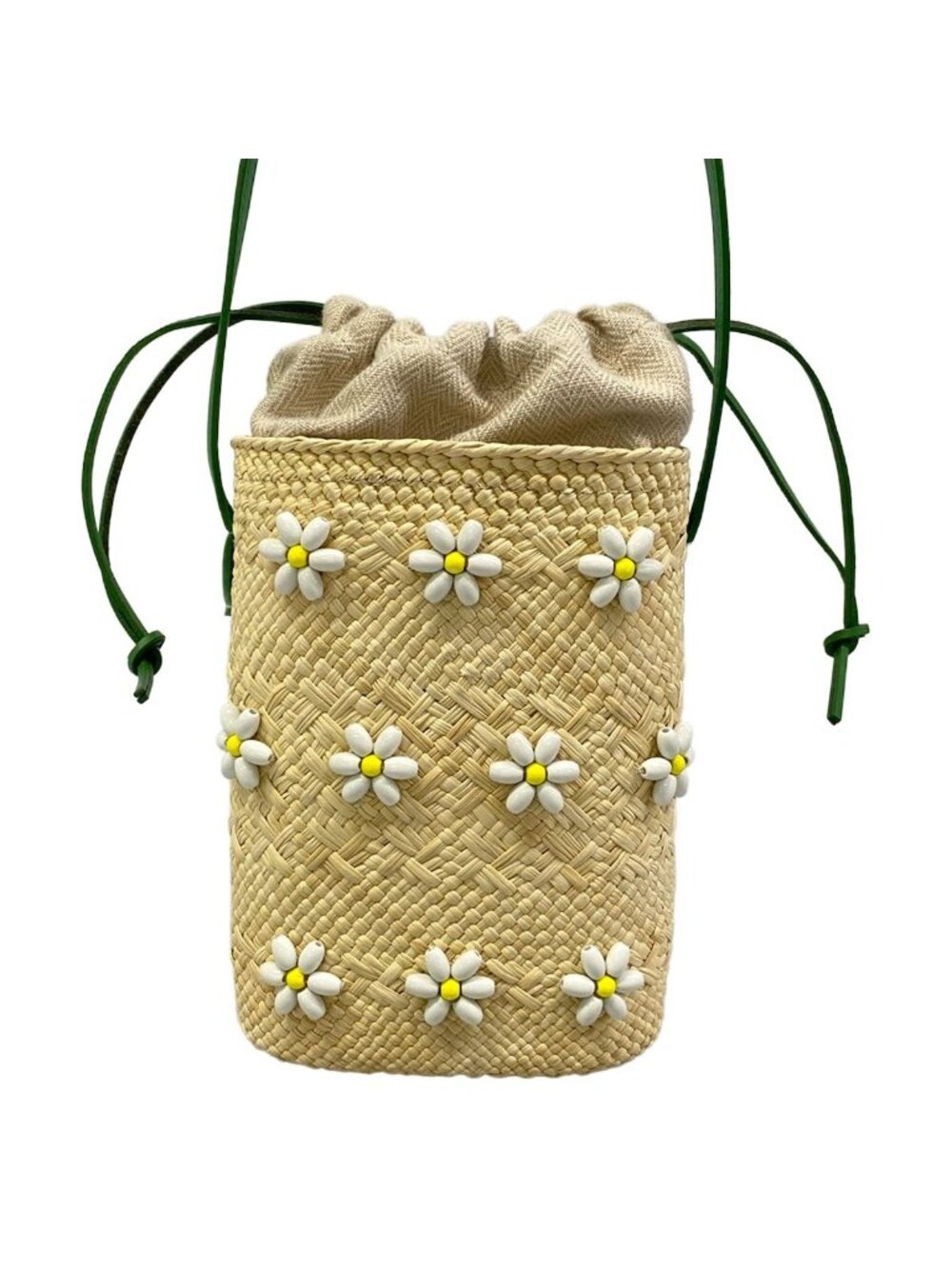 Loewe Shoulder Bag Square Pocket Ivory Green Multi Beads Flower Drawstring Braid - Picture 3 of 15
